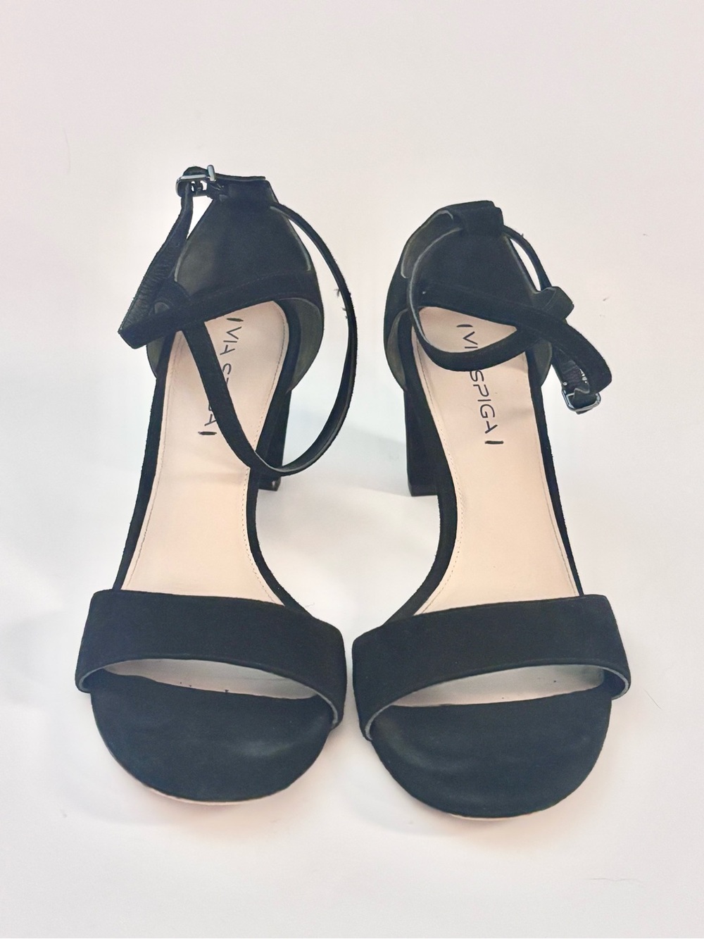Via Spiga Black Suede Ankle-Strap Block Heels
